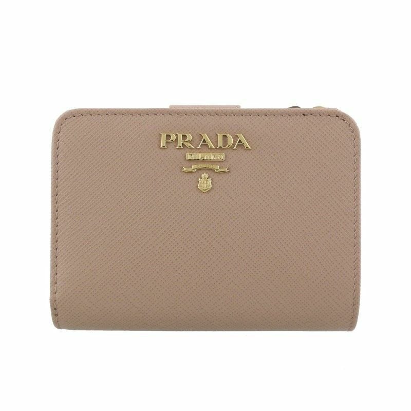【美品】 付属品完備 PRADA レザー ギャザー 二つ折り財布 ロゴ ベージュ プラダ PRADA 二つ折り財布 レディース ピンクベージュ 1ML018 QWA