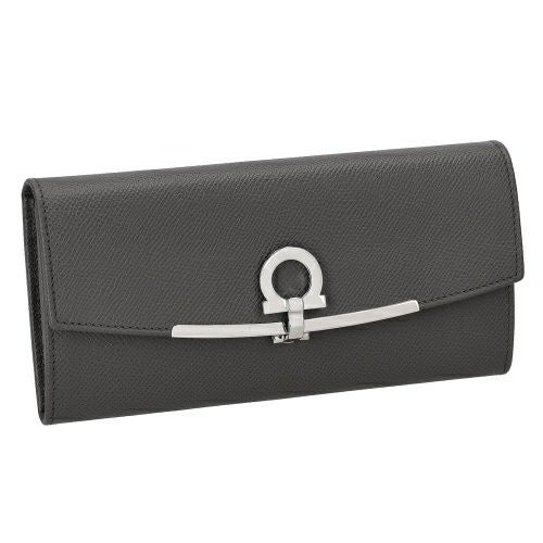 Salvatore Ferragamo フェラガモ 財布 - 22-D502 グレージュ系 レザー レディース スタッズ 二つ折り長財布 ゴールド金具【本物保証】 Salvatore Ferragamo フェラガモ 財布 - 22-D502 グレージュ系 レザー