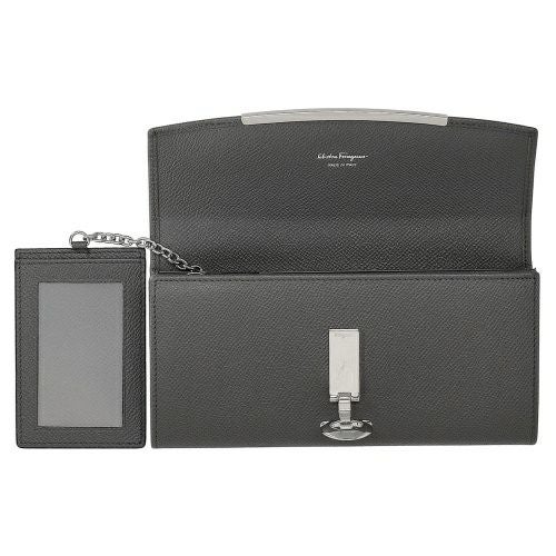 Salvatore Ferragamo フェラガモ 財布 - 22-D502 グレージュ系 レザー レディース スタッズ 二つ折り長財布 ゴールド金具【本物保証】 Salvatore Ferragamo フェラガモ 財布 - 22-D502 グレージュ系 レザー