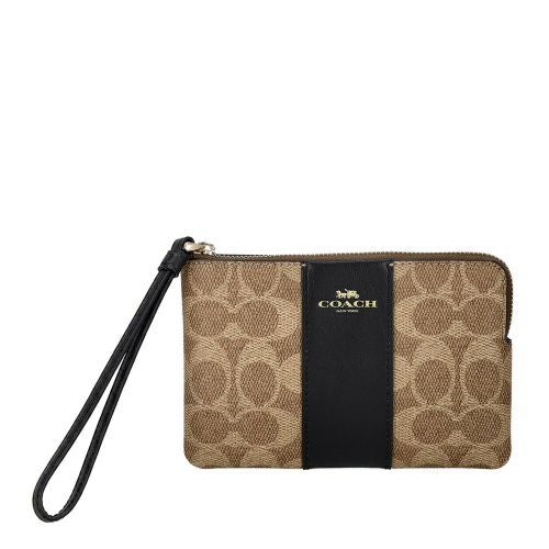 コーチ アウトレット ポーチ レディース コーナー ジップ リストレット・シグネチャー キャンバス・ストライプ ブラウン COACH OUTLET CW854 IMQRX ベージュ/ブラック