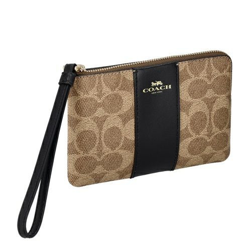 コーチ アウトレット ポーチ レディース コーナー ジップ リストレット・シグネチャー キャンバス・ストライプ ブラウン COACH OUTLET CW854 IMQRX ベージュ/ブラック