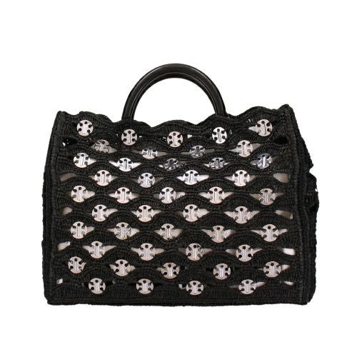 パコ ラバンヌ ハンドバッグ レディース BLACK TOTE BAG IN RAFFIA