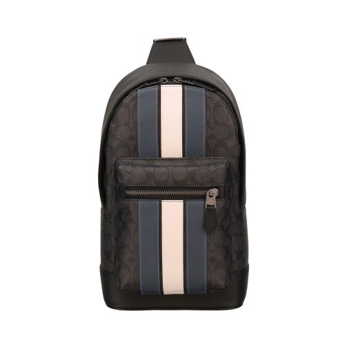 コーチ アウトレット ボディバッグ メンズ ウエスト パック・シグネチャー キャンバス・ヴァーシティ ストライプ ブラック COACH OUTLET CV923 QBOH0 チャコール/デニム/チョーク