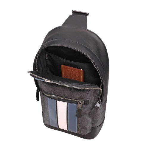 コーチ アウトレット ボディバッグ メンズ ウエスト パック・シグネチャー キャンバス・ヴァーシティ ストライプ ブラック COACH OUTLET CV923 QBOH0 チャコール/デニム/チョーク